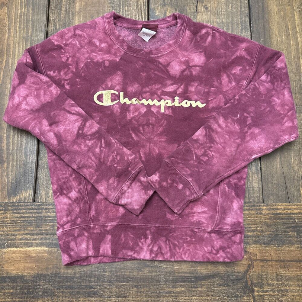 Champion Women's Reverse Weave Maroon Tie‎ Dye Spellout Logo Sweatshirt Size XS